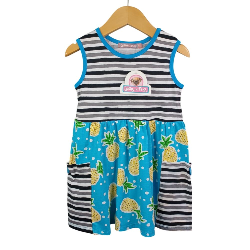 Jelly The Pug Girl Pineapple Print Big Pocket Knit Dress Sleeveless Blue Size 2T